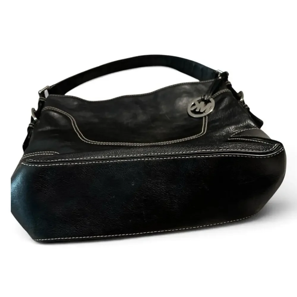 Michael Kors Brookville Large Black Leather Hobo Shoulder Bag w/Silver MK Charm